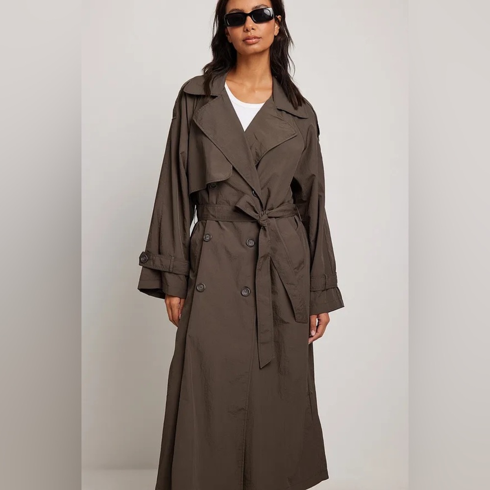 NA-KD Chocolate Brown Oversized Fluid Trench Coat Rain Jacket Euro 34 XS S - Picture 5 of 5